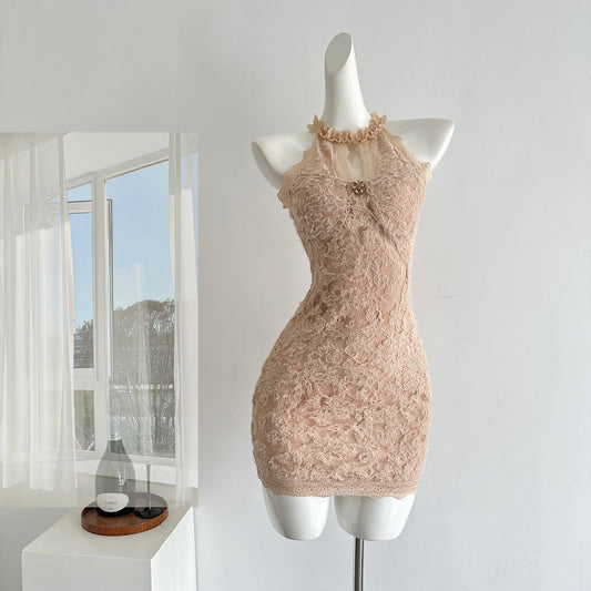 Sexy Sheath Jewel Floral Pink Lace Summer Dress Holiday Party Outfits For Women DP0087