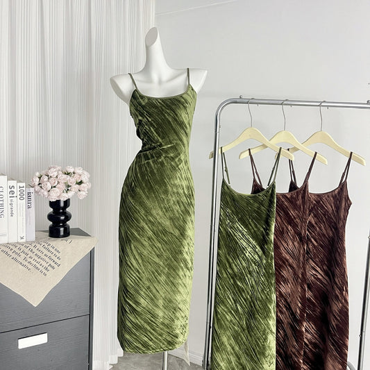 Sexy Mermaid Spaghetti Straps Velvet Green Summer Dress Holiday Party Outfits For Women DP0093
