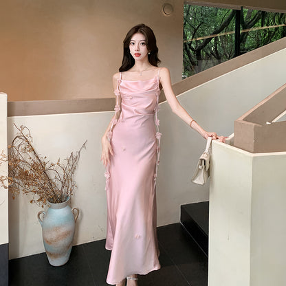 Cute A line Spaghetti Straps Pink Floral Long Satin Summer Dress For Women DP0010
