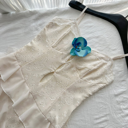 Cute Sheath Spaghetti Straps Ivory Ruffles Casual Dress Summer Outfits Short Holiday Dresses DP1408