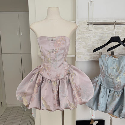 Cute Ball Gown Strapless Satin Floral Pink Short Summer Dress Holiday Party Outfits For Women DP0097