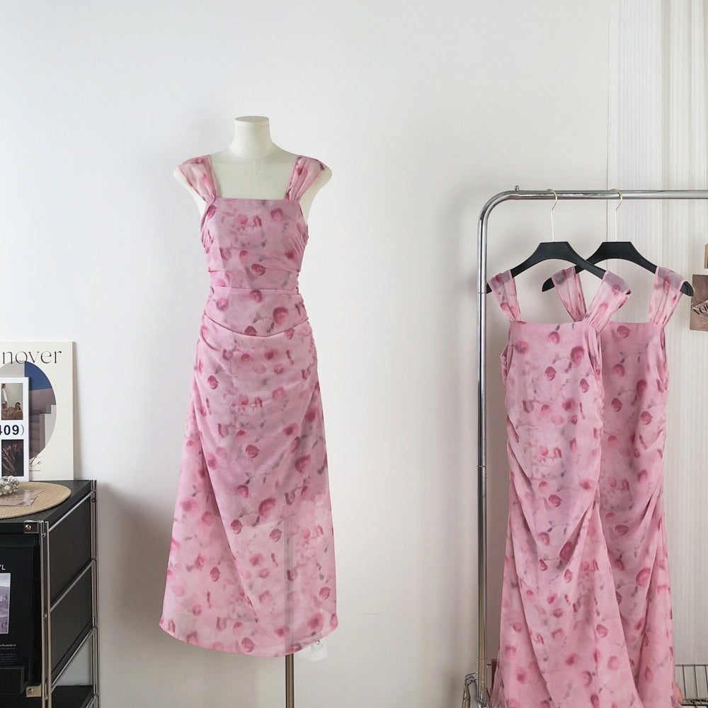 Sexy Sheath Straps Floral Pink Summer Dress Holiday Party Outfits For Women DP0103