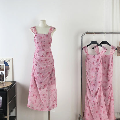 Sexy Sheath Straps Floral Pink Summer Dress Holiday Party Outfits For Women DP0103