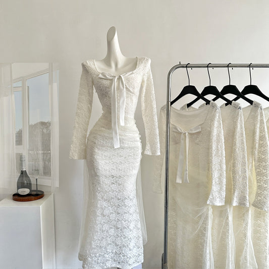 Sexy Mermaid Square Neckline Floral White Lace Summer Dress Holiday Party Outfits For Women DP0106