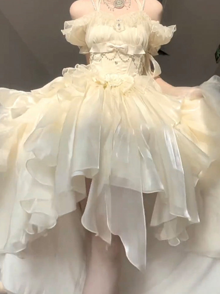 Vintage High Low Off The Shoulder Short Sleeves 16th Chiffon Birthday Dress Lolita Dress Birthday Outfits W1130