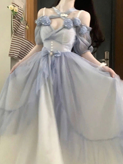 Sweet A line Sweetheart Blue Chiffon Floral Long 16th Birthday Dress Lolita Dress Birthday Outfits W1128