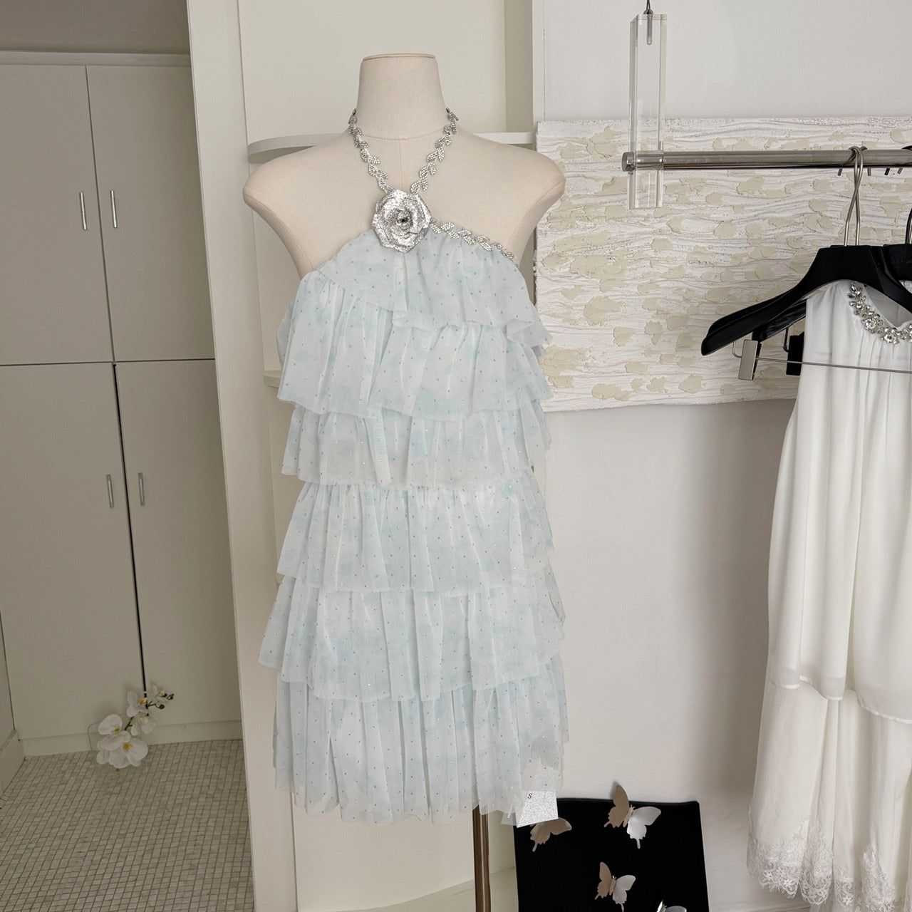 Sexy A line Halter Blue Tulle Min Summer Dress Holiday Party Homecoming Dress Birthday Outfits For Teens DP0151