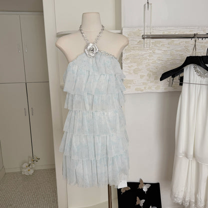 Sexy A line Halter Blue Tulle Min Summer Dress Holiday Party Homecoming Dress Birthday Outfits For Teens DP0151