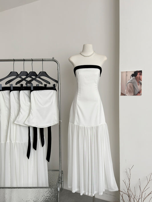 Schlichtes trägerloses weißes Tüll-Sommerkleid in A-Linie, Urlaubspartykleid, Geburtstags-Outfits für Teenager, DP0153