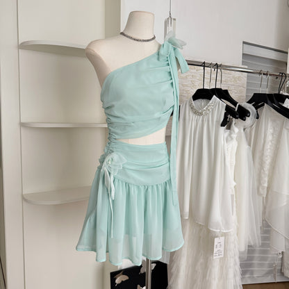 Cute A line One Shoulder Green Chiffon Short Summer Dress Holiday Party Birthday Outfits DP0147