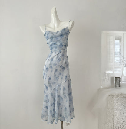 Sexy Mermaid Spaghetti Straps Blue Floral Midi Summer Dress Holiday Party Birthday Outfits For Womens DP0152