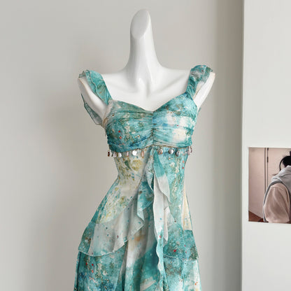 Sexy Mermaid Square Floral Green Summer Dress Holiday Party Birthday Outfits For Women DP0127