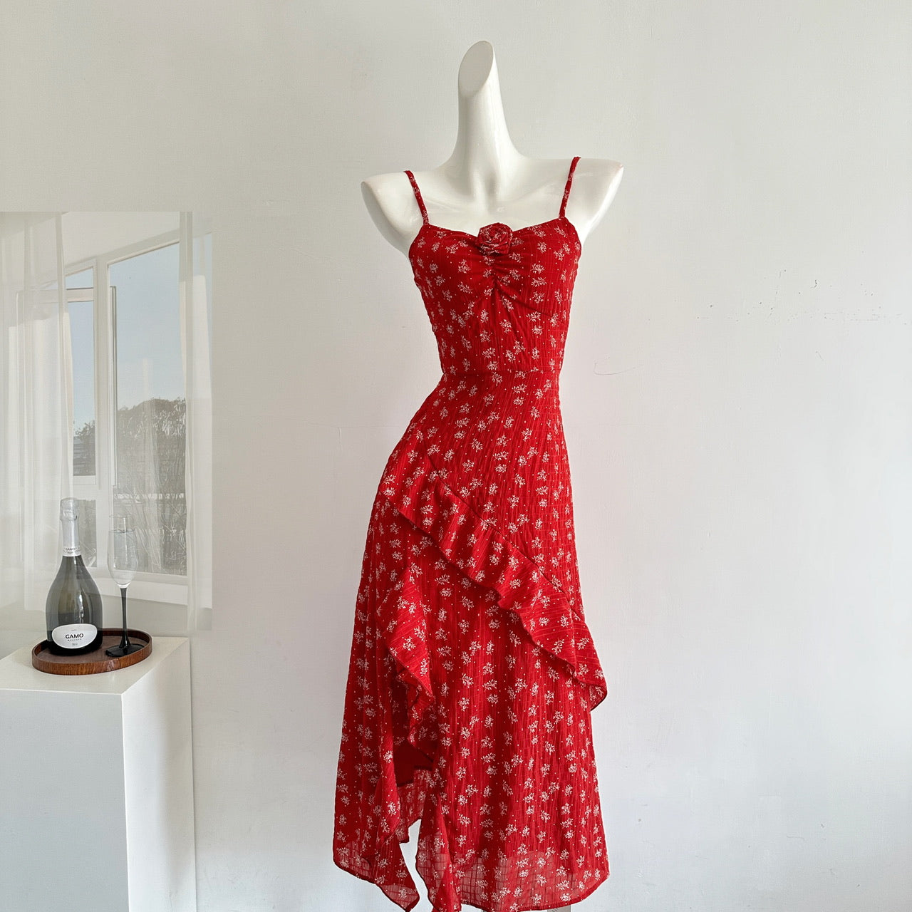 Sexy A Line Spaghetti Straps Floral Red Summer Dress Holiday Party Outfits For Women DP0128
