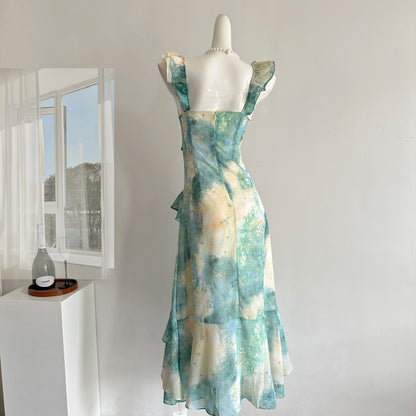 Sexy Mermaid Square Floral Green Summer Dress Holiday Party Outfits For Women DP0126