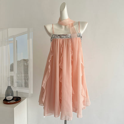 Cute A Line Spaghetti Straps Pink Chiffon Summer Dress Holiday Short Party Outfits For Women DP0102
