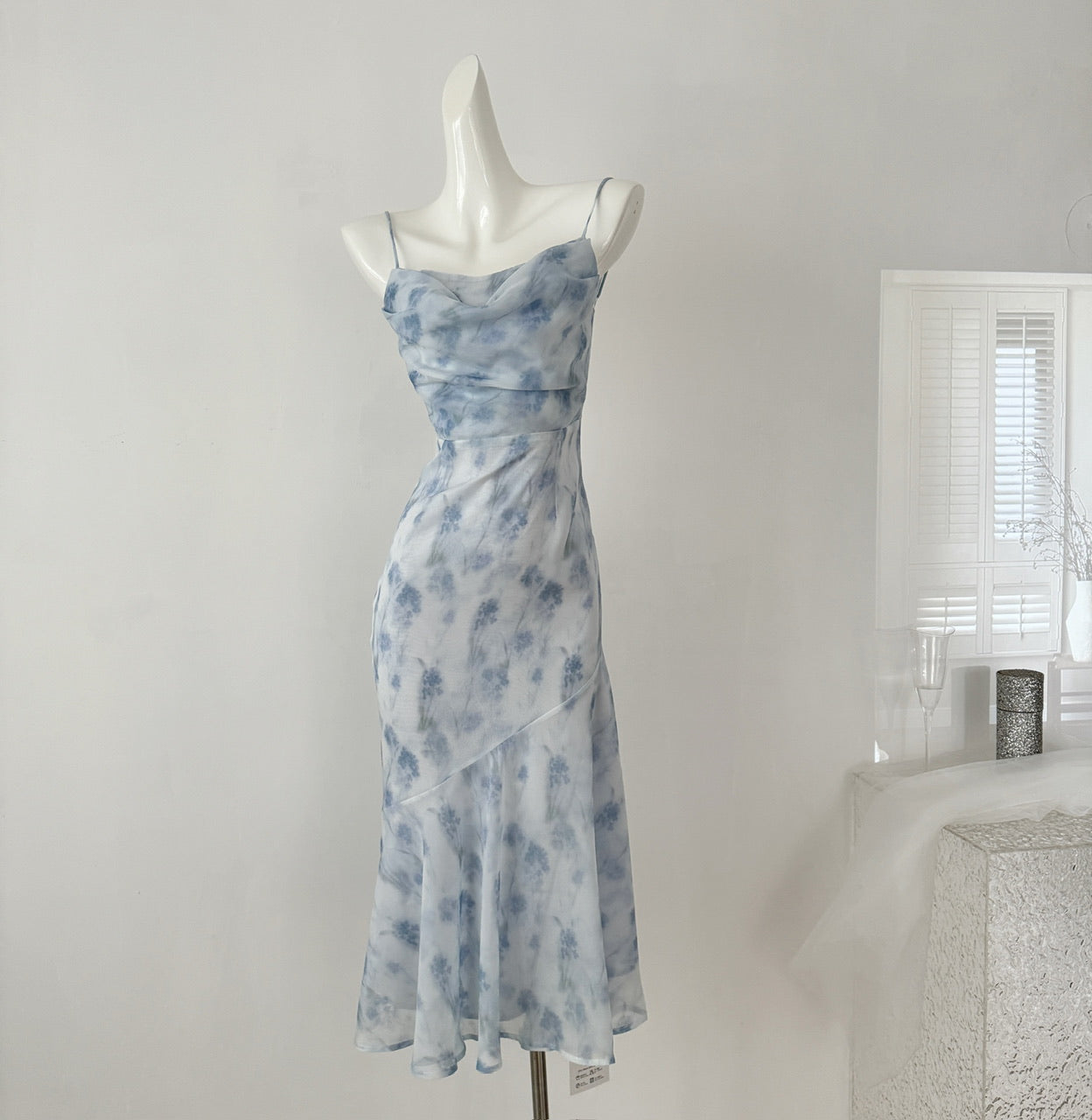 Robe de déesse en mousseline de soie, longue et courte, style romantique d'été bleu, col licou, pour femme, DP0007