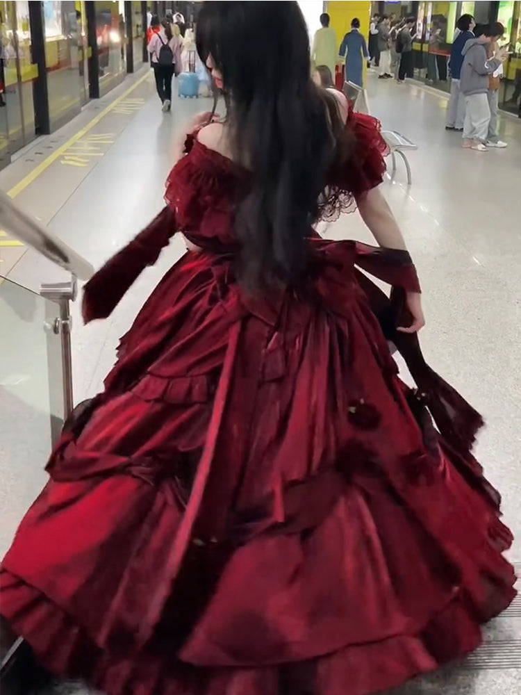 Retro Ball Gown Off The Shoulder Short Sleeves Burgundy Floral 16th Chiffon Birthday Dress Lolita Dress 18th Birthday Outfits W1204