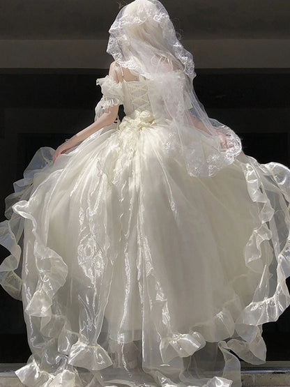 Princess Ball Gown Off The Shoulder Short Sleeves Ivory Floral 16th Chiffon Birthday Dress Lolita Dress 18th Birthday Outfits W1201