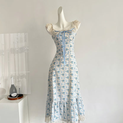 Sexy A line Straps Floral Blue Summer Dress Holiday Party Birthday Outfits For Women DP0144