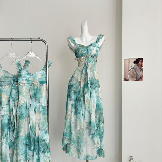 Sexy Mermaid Square Floral Green Summer Dress Holiday Party Birthday Outfits For Women DP0127