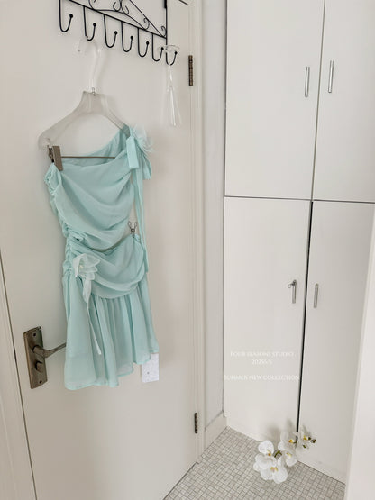 Cute A line One Shoulder Green Chiffon Short Summer Dress Holiday Party Birthday Outfits DP0147