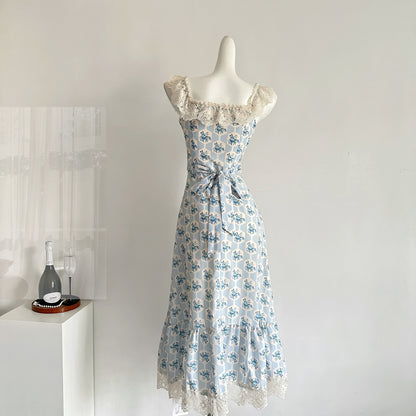 Sexy A line Straps Floral Blue Summer Dress Holiday Party Birthday Outfits For Women DP0144