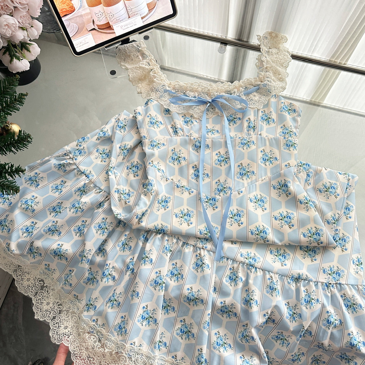 Sexy A line Straps Floral Blue Summer Dress Holiday Party Birthday Outfits For Women DP0144