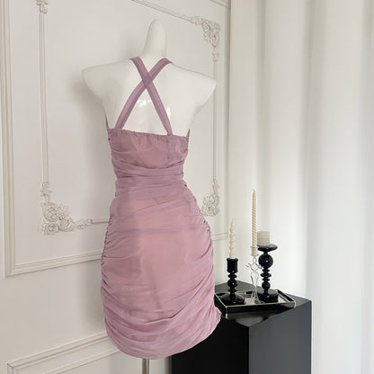 Sexy Sheath Halter Neckline Lilac Ruffles Summer Dress Holiday Party Outfits For Women DP0088