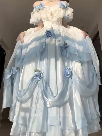 Vintage Ball Gown Off The Shoulder Short Sleeves 16th Blue Birthday Dress Lolita Summer Dress 18th Birthday Outfits W1134