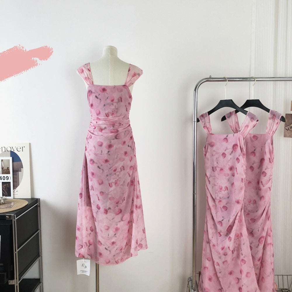 Sexy Sheath Straps Floral Pink Summer Dress Holiday Party Outfits For Women DP0103