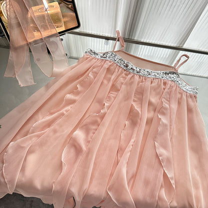 Cute A Line Spaghetti Straps Pink Chiffon Summer Dress Holiday Short Party Outfits For Women DP0102