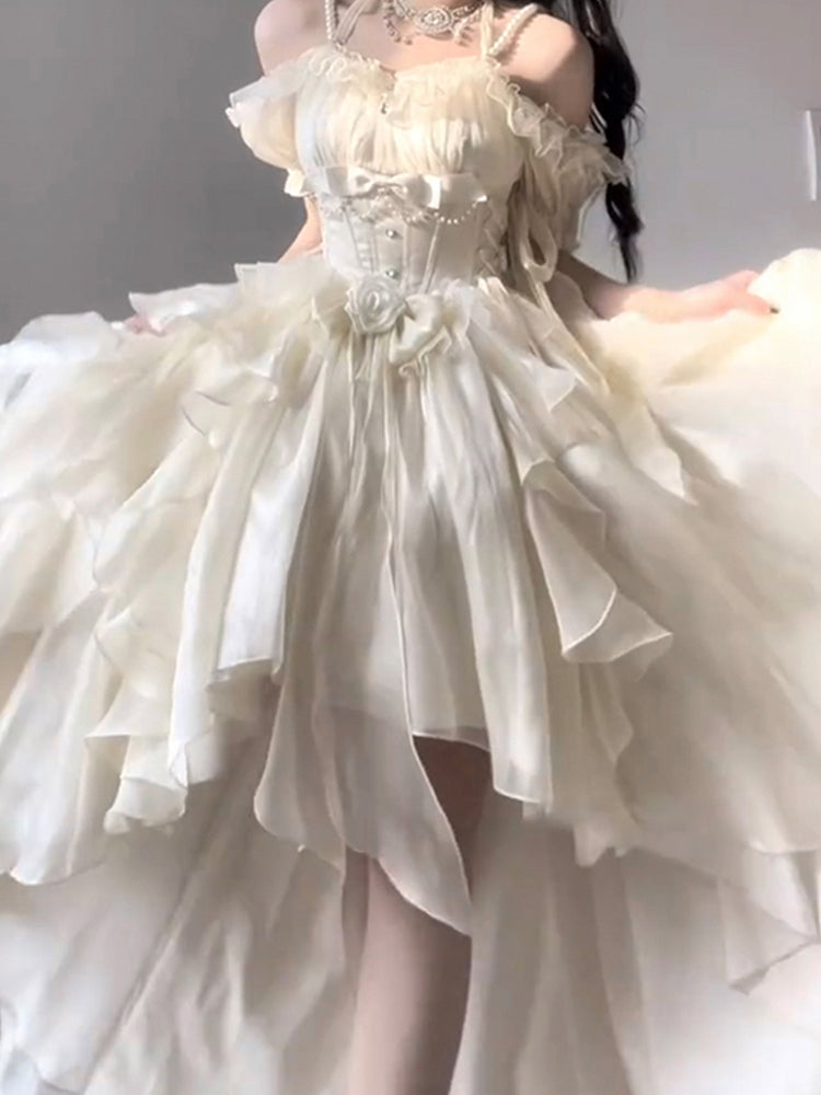 Vintage High Low Off The Shoulder Short Sleeves 16th Chiffon Birthday Dress Lolita Dress Birthday Outfits W1130