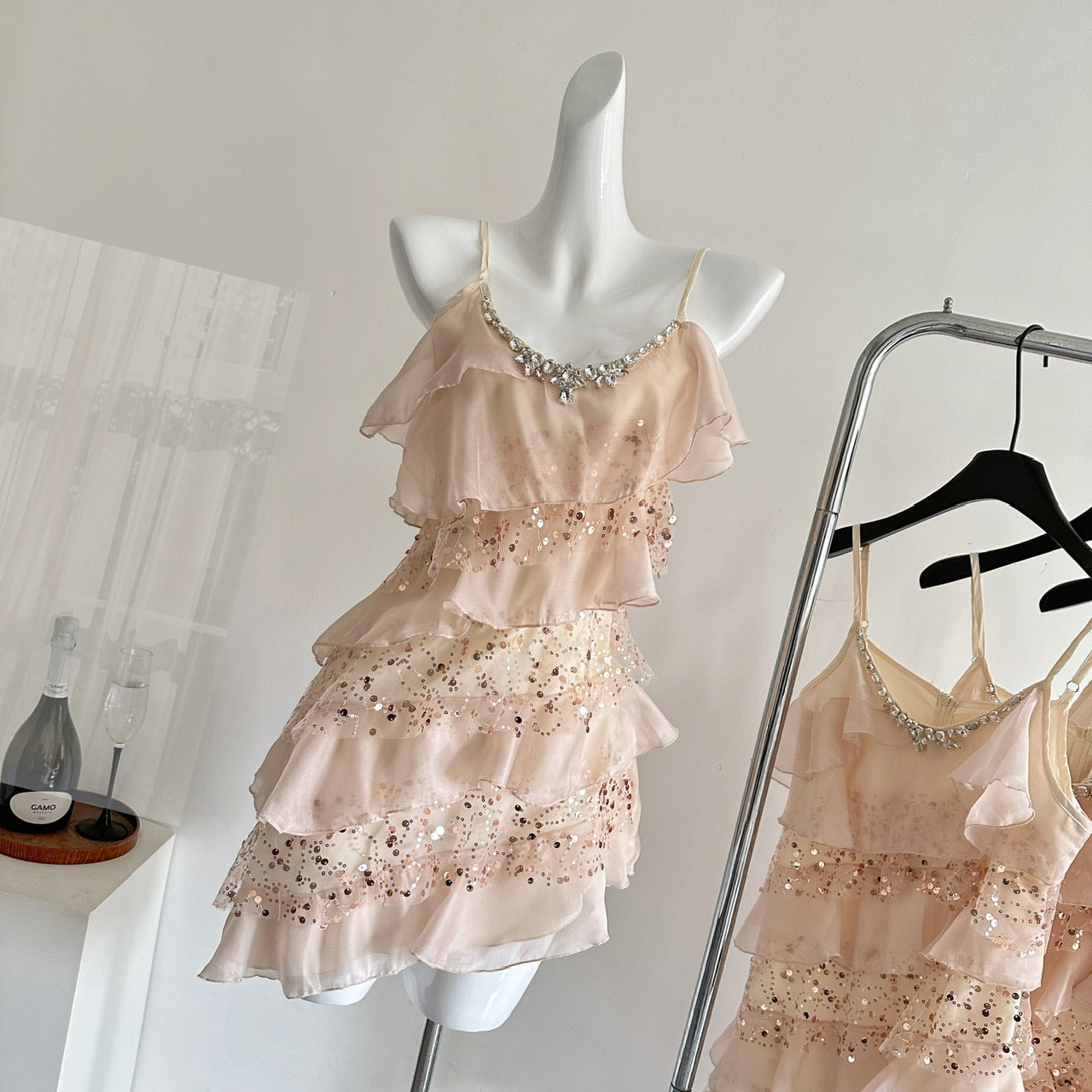 Cute A Line Spaghetti Straps Pink Sequin Casual Dress Summer Short Holiday Dresses DP1405