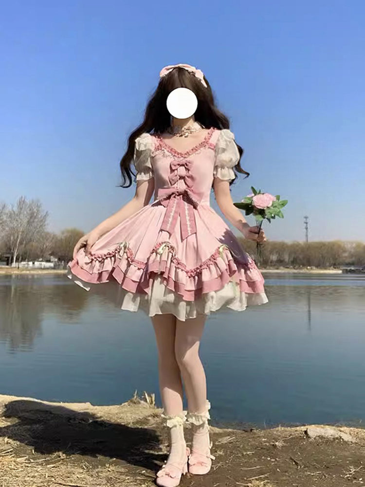 Sweet Ball Gown Lolita Outfits Short Sleeves Pink 16th Birthday Dress Lolita Summer Dress Birthday Outfits W1125