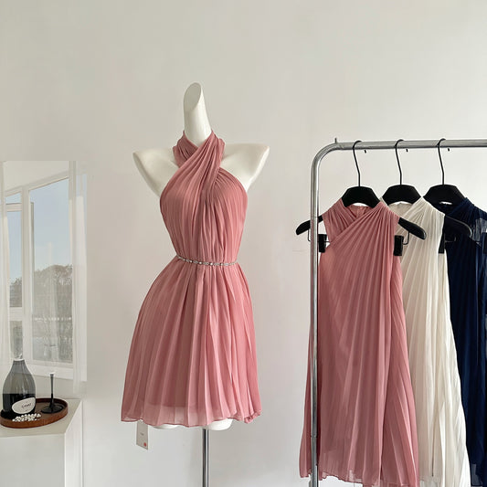 Sexy A line Halter Neckline Pink Short Chiffon Summer Dress Holiday Party Outfits For Women DP0119