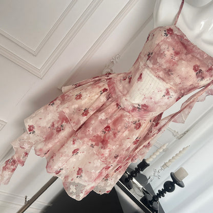 Sweet A Line Straps Pink Floral Summer Short Dresses DP0014