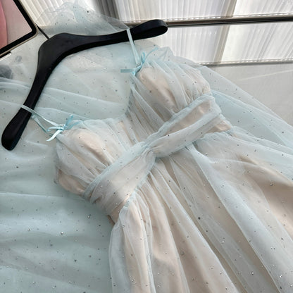 Sexy A Line Spaghetti Straps Blue Tulle Summer Dress Holiday Party Birthday Outfits For Teens DP0142