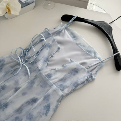 Sexy Mermaid Spaghetti Straps Blue Floral Midi Summer Dress Holiday Party Birthday Outfits For Womens DP0152