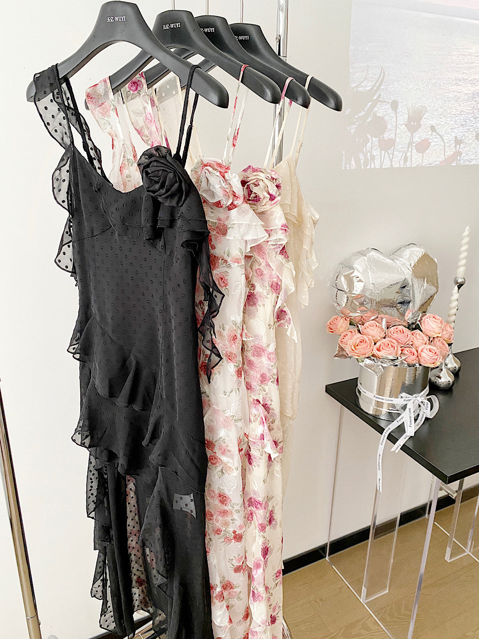 Sexy High Low Spaghetti Straps Floral Lace Summer Dress Holiday Party Outfits For Women DP0019