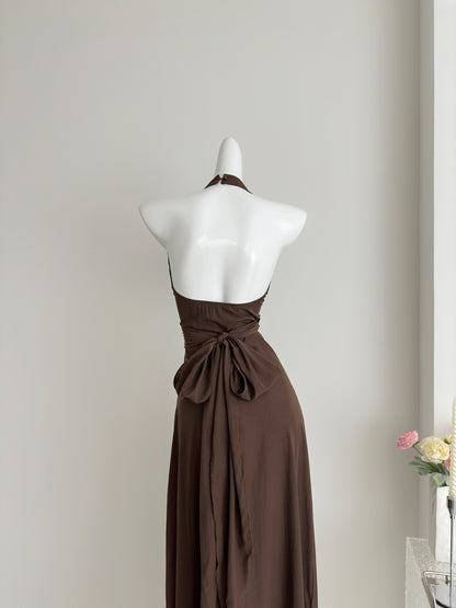 Sexy Sheath Halter Summer Brown Long Dress Holiday Party Outfits For Women DP0030