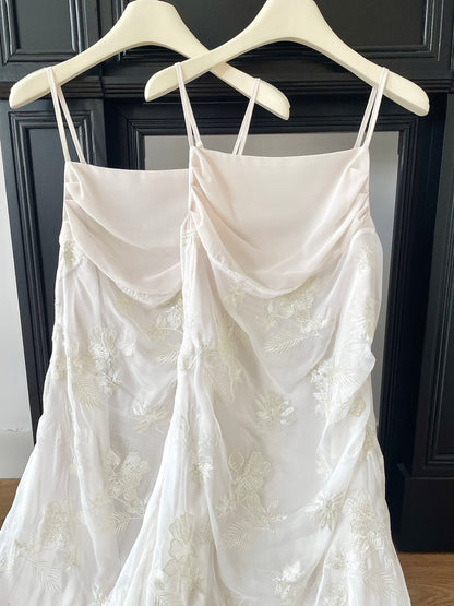 Robe d'été longue en dentelle à bretelles spaghetti et sirène pour femme DP0017
