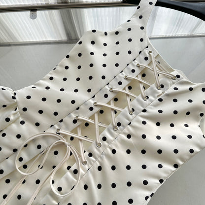 Sexy Ball Gown Square Neckline Satin Ivory Polka Dots Short Summer Dress Holiday Party Outfits For Women DP0120