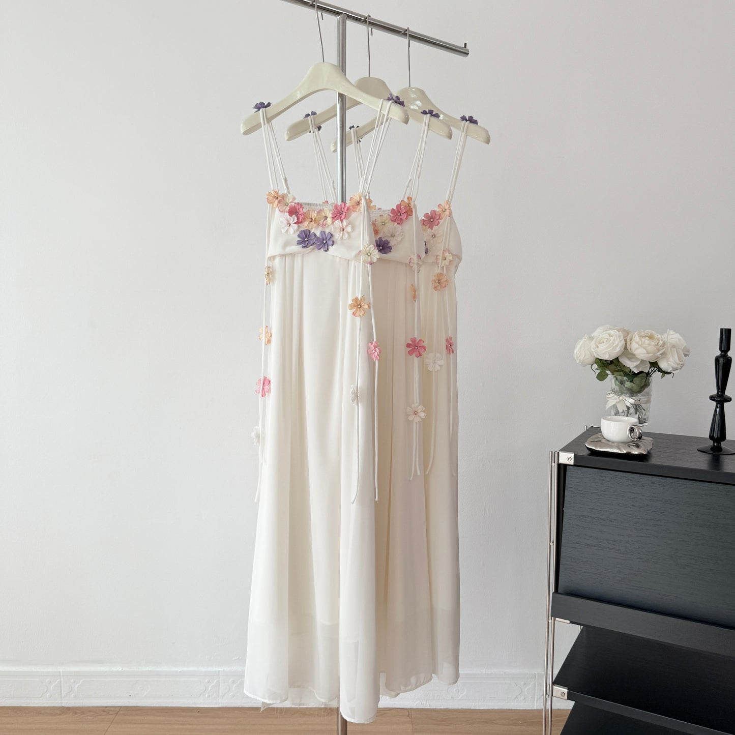 Cute A Line Spaghetti Straps Floral White Chiffon Summer Dress Holiday Party Outfits For Girls DP0130