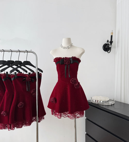 Sexy A line Strapless Summer Burgundy Velvet Dress Holiday Party Outfits For Women DP0028