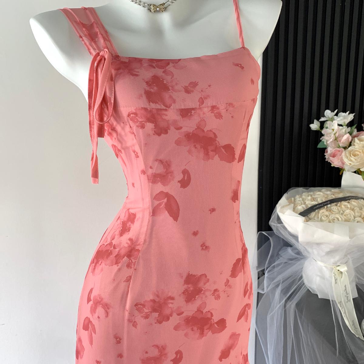 Sexy A line Spaghetti Straps Floral Long Pink Floral Dress Holiday Party Outfits For Women DP0032