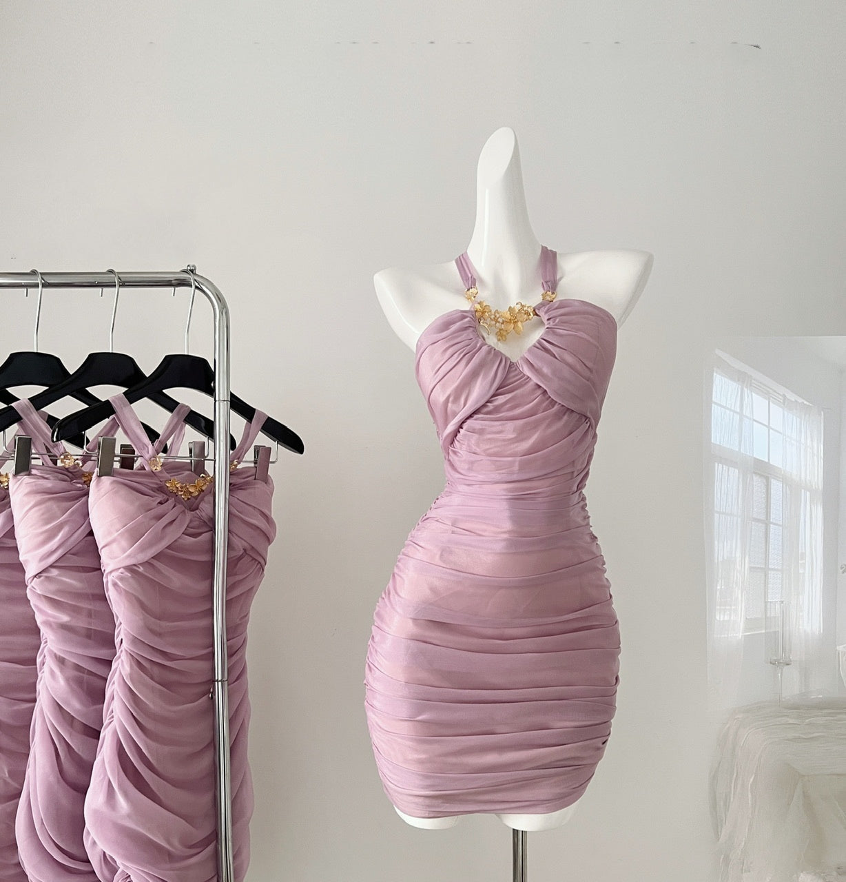 Sexy Sheath Halter Neckline Lilac Ruffles Summer Dress Holiday Party Outfits For Women DP0088