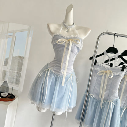 Sexy A line Halter Blue Min Summer Dress Holiday Party Homecoming Dress Birthday Outfits For Teens DP1401