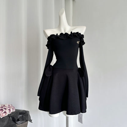 Robe d'été noire à épaules dénudées et coupe trapèze pour femme, tenue de fête ou de vacances, DP0094