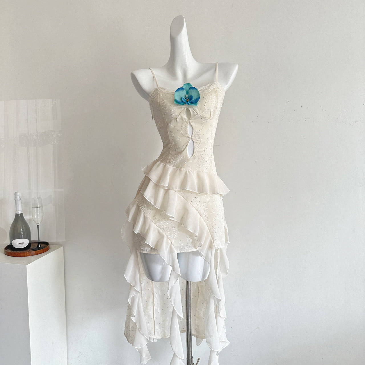 Cute Sheath Spaghetti Straps Ivory Ruffles Casual Dress Summer Outfits Short Holiday Dresses DP1408