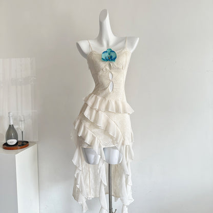 Cute Sheath Spaghetti Straps Ivory Ruffles Casual Dress Summer Outfits Short Holiday Dresses DP1408